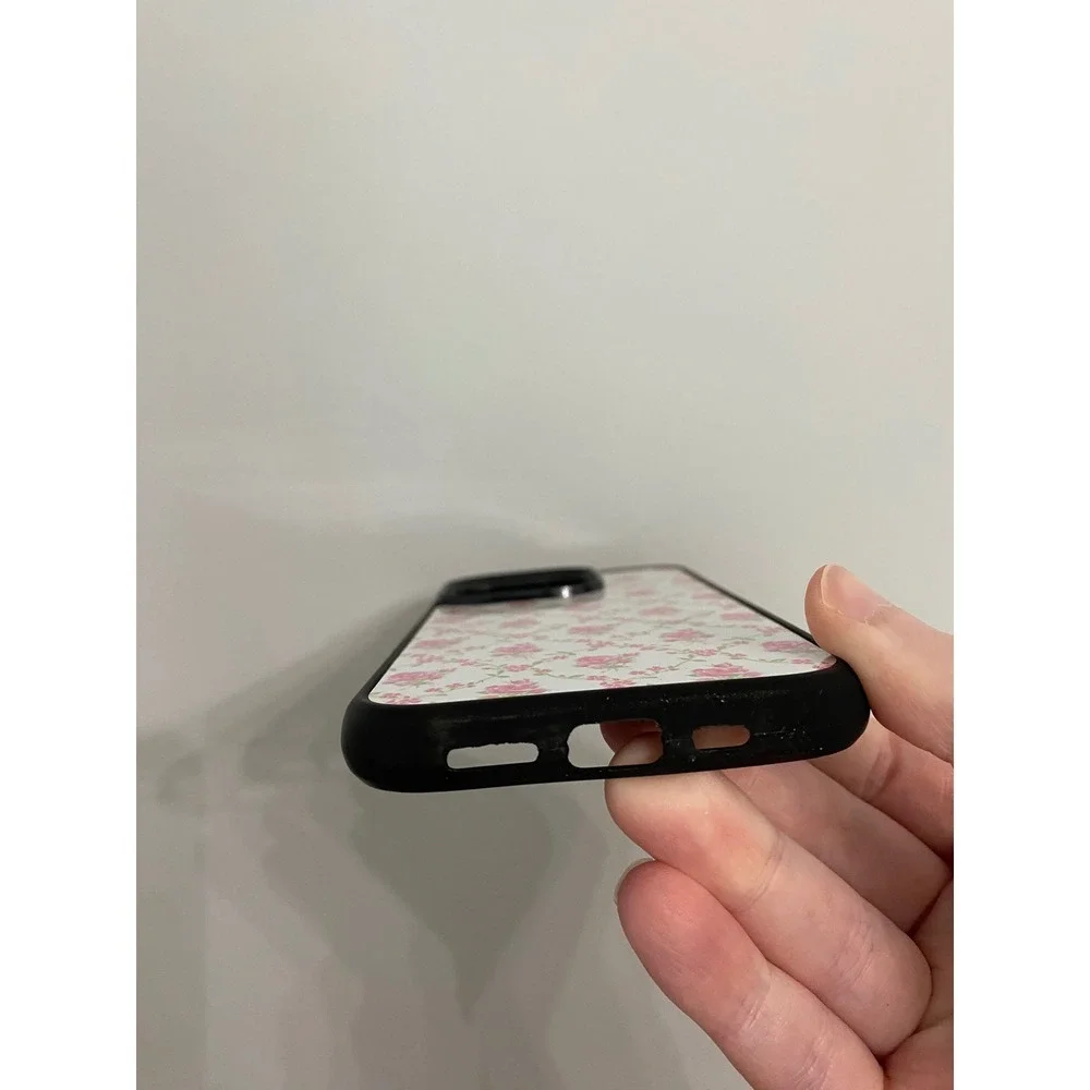 iPhone 14 Pro Case Unisex OS Pink White Floral Rose Pattern Black Bumper Grip